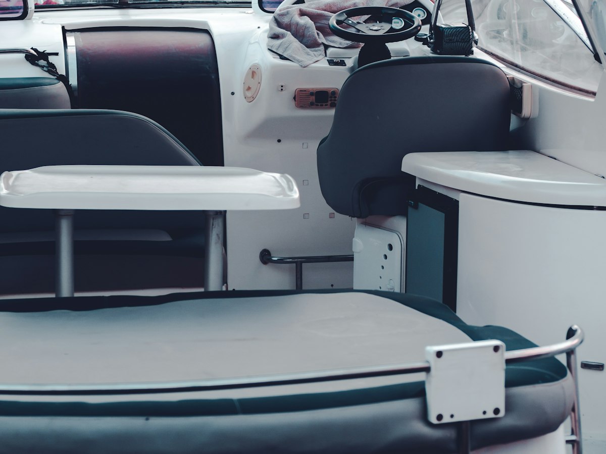 White and blue boat seats and upholstery
