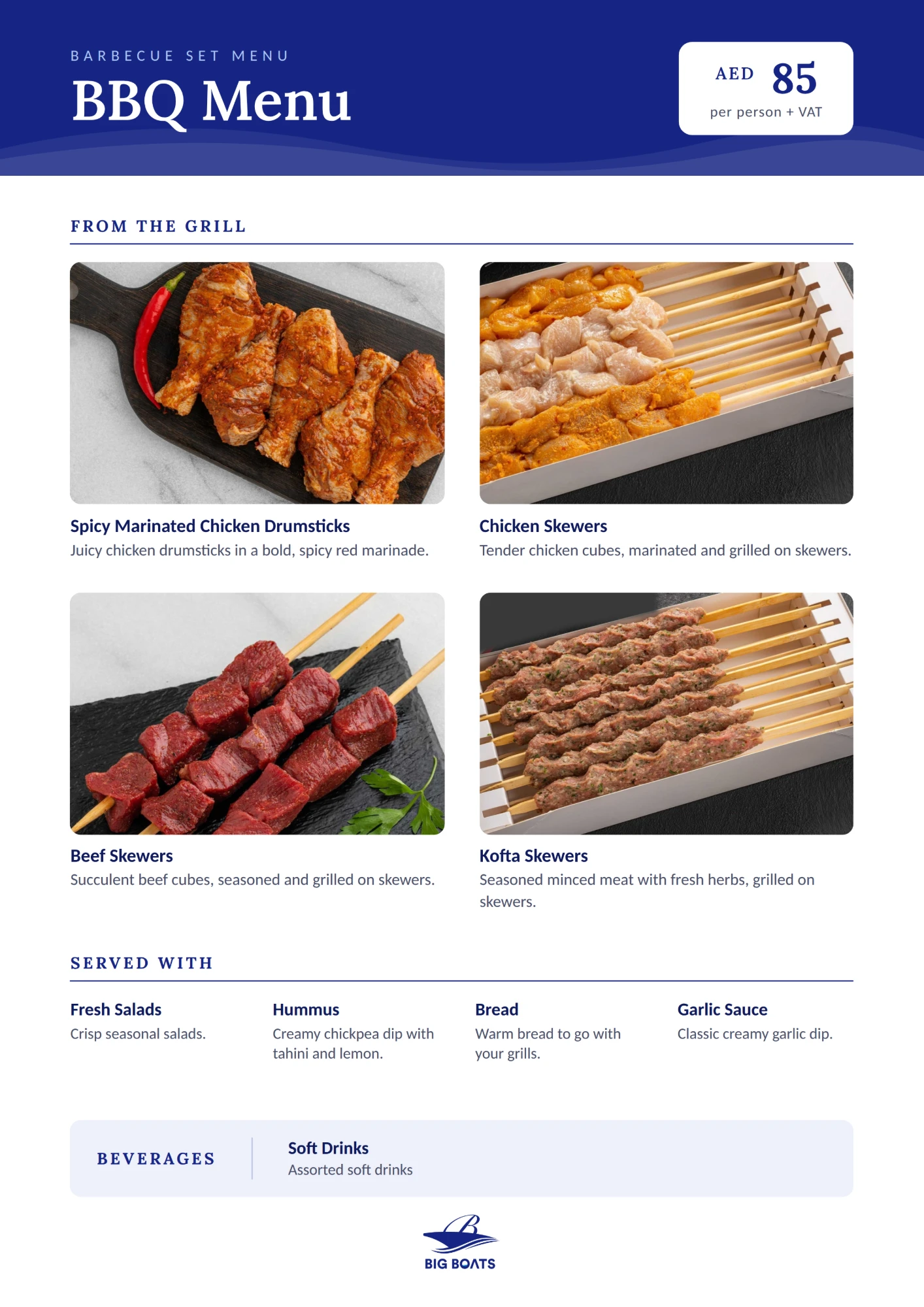 Big Boats BBQ set menu with chicken drumsticks, chicken, beef and kofta skewers, AED 85 per person plus VAT
